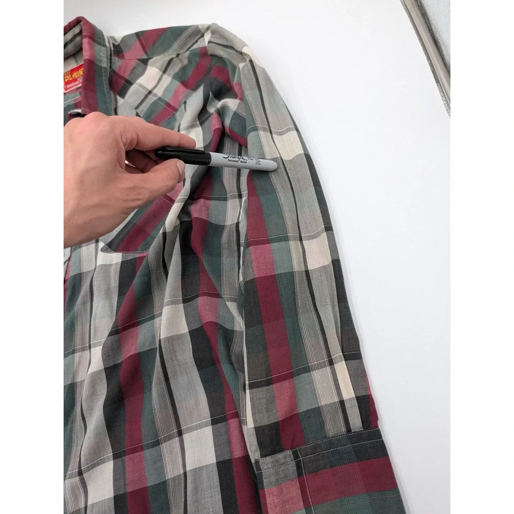 Ely Plains Vintage Western Pearl Snap Plaid Shirt Burgundy Green Mens 16.5 x‎ 34